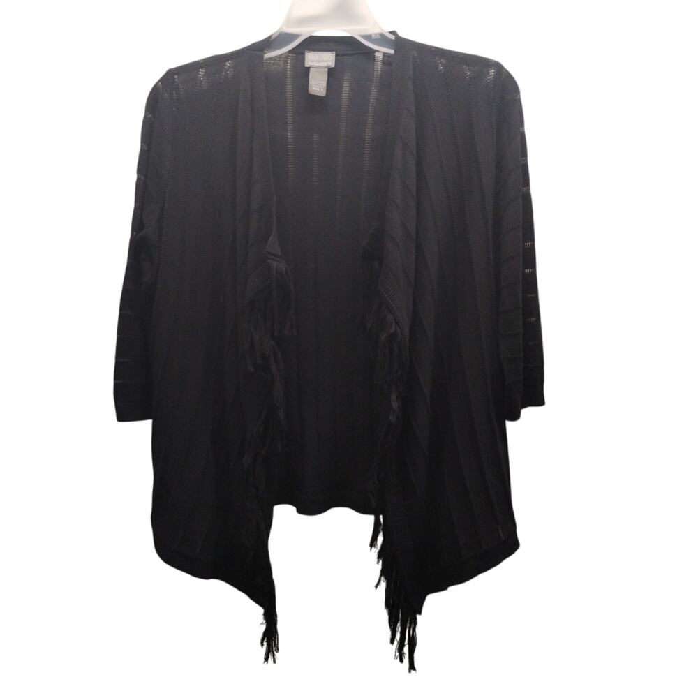 Chico's Additions Cardigan Size 0 (Small) Black Eyelet Detail Fringe Open-Front